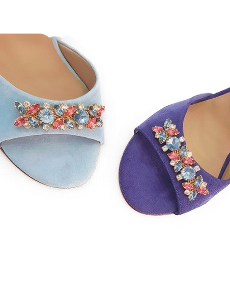 Suede party sandal with crossed straps and jewel embellishment