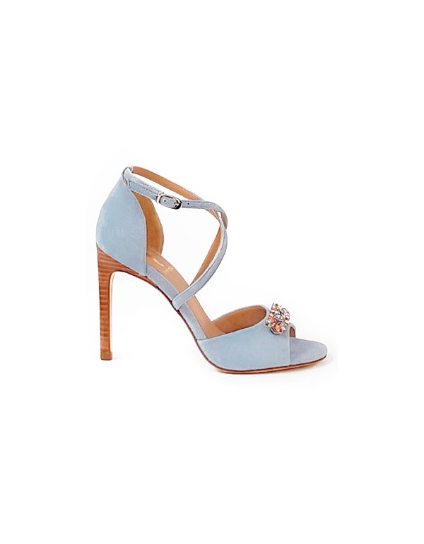 Suede party sandal with crossed straps and jewel...