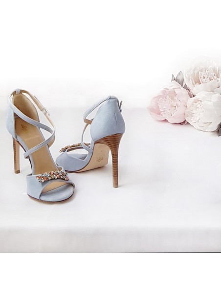 Suede party sandal with crossed straps and jewel embellishment
