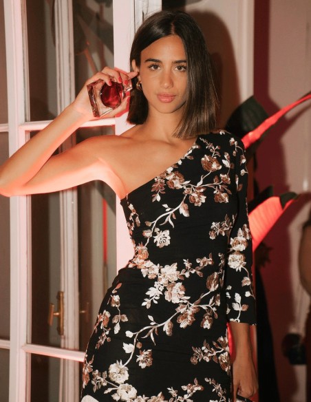 Vestido de fiesta midi con una manga y bajo de flecos - Roxana Zurdo