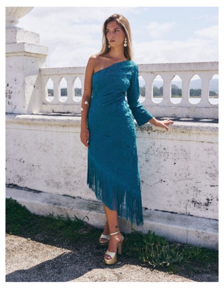 Midi dress with one sleeve and fringed hemline - Roxana Zurdo