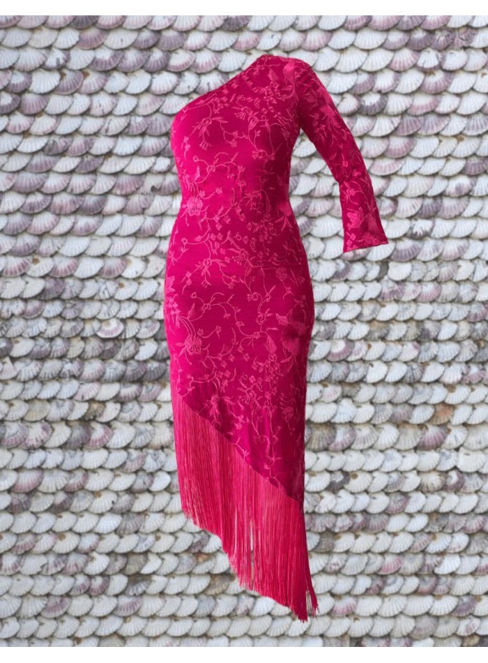 Midi dress with one sleeve and fringed hemline...