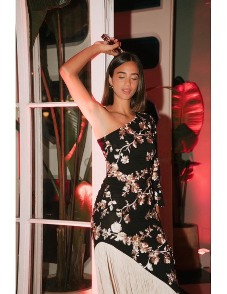 Vestido de fiesta midi con una manga y bajo de flecos - Roxana Zurdo