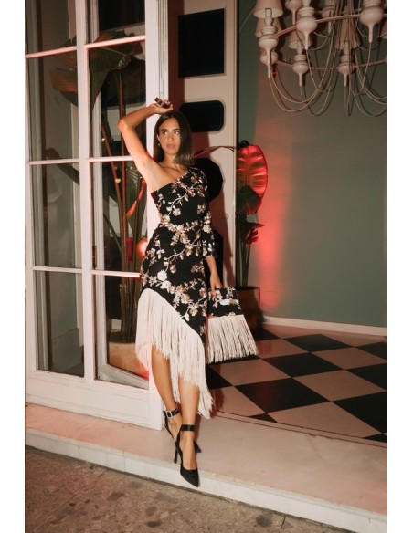 Vestido de fiesta midi con una manga y bajo de flecos - Roxana Zurdo