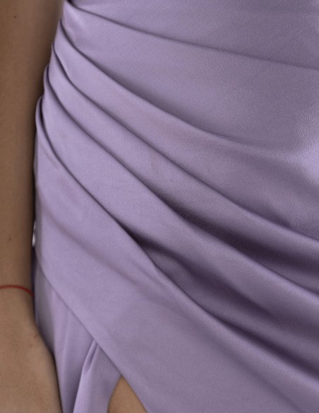 strapless satin ball gown with draped bodice and front opening