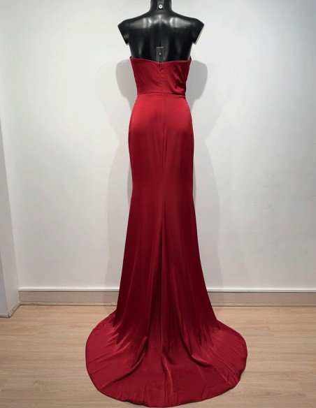 strapless satin ball gown with draped bodice and front opening