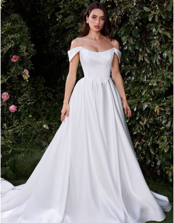 Off the shoulder soft satin bridal ball gown