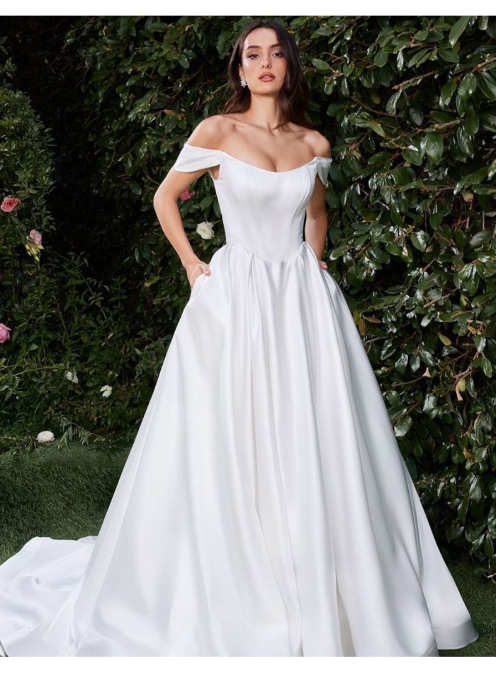 Off the shoulder soft satin bridal ball gown